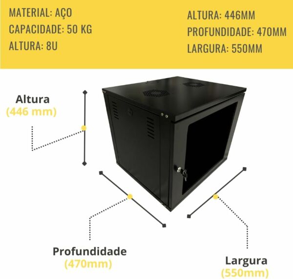 Mini Rack de Parede Padrão 19 Polegadas Cabeamento Estruturado CFTV 8U X 470mm - Image 2