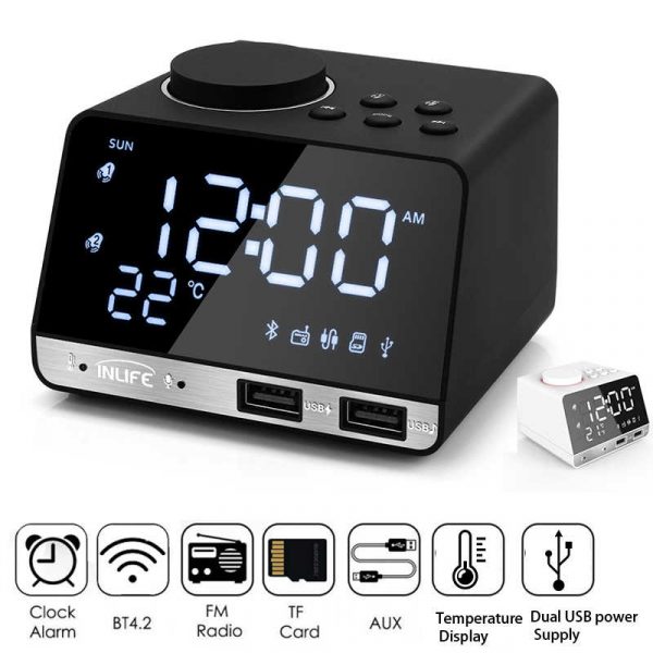 Rádio Despertador Bluetooth 4.2 2 Portas USB Relógio Digital LED Snooze Alarm 1