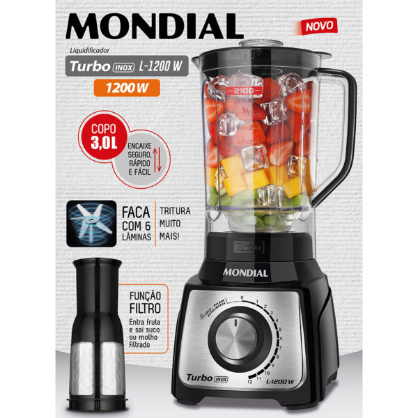 Liquidificador Turbo Inox 1200W, Preto, Mondial, L-1200 BI. 1